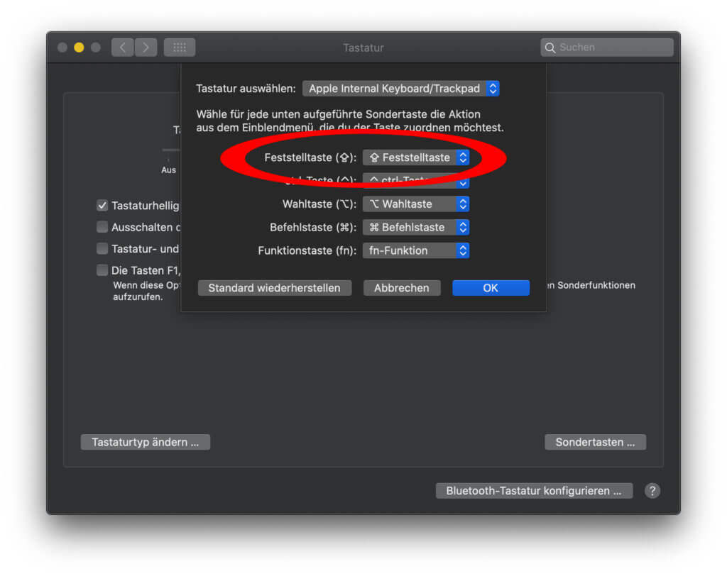 Die Apple Mac Feststelltaste mit der Funktion einer anderen Sondertaste belegen, als Esc (Escape) nutzen oder keine Aktion darauf festlegen – das geht unter macOS in den Systemeinstellungen.