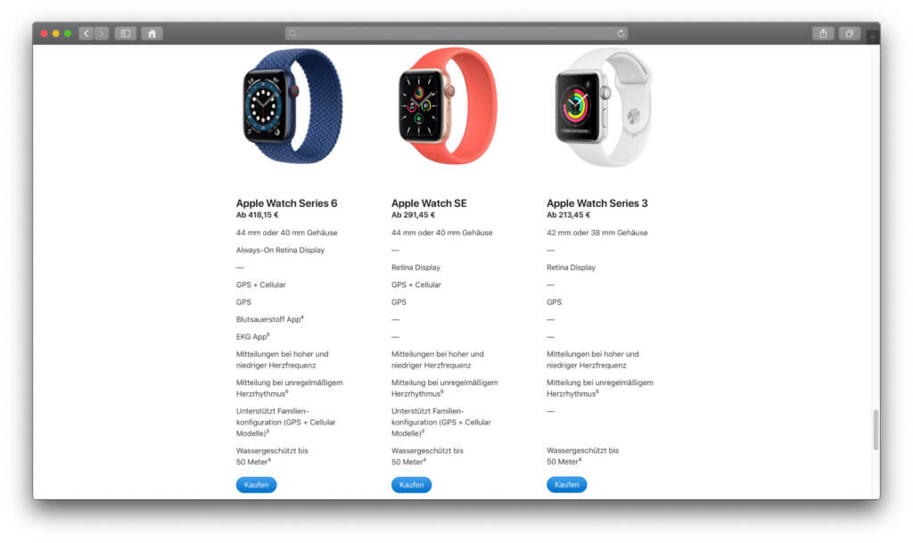 Den Vergleich von Apple Watch Series 6, Apple Watch SE und Apple Watch Series 3 findet ihr u. a. auf Apple.com.
