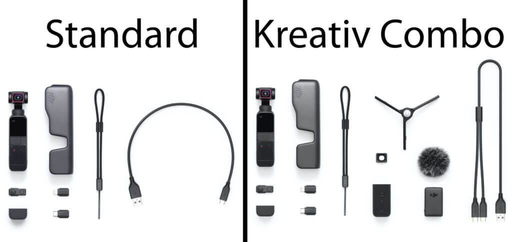 In der Standard-Ausführung ist nur das Nötigste enthalten. Die DJI Pocket 2 Kreativ Combo bietet zusätzlich Mikrofon- und Stativ-Ausrüstung zum Sparpreis.