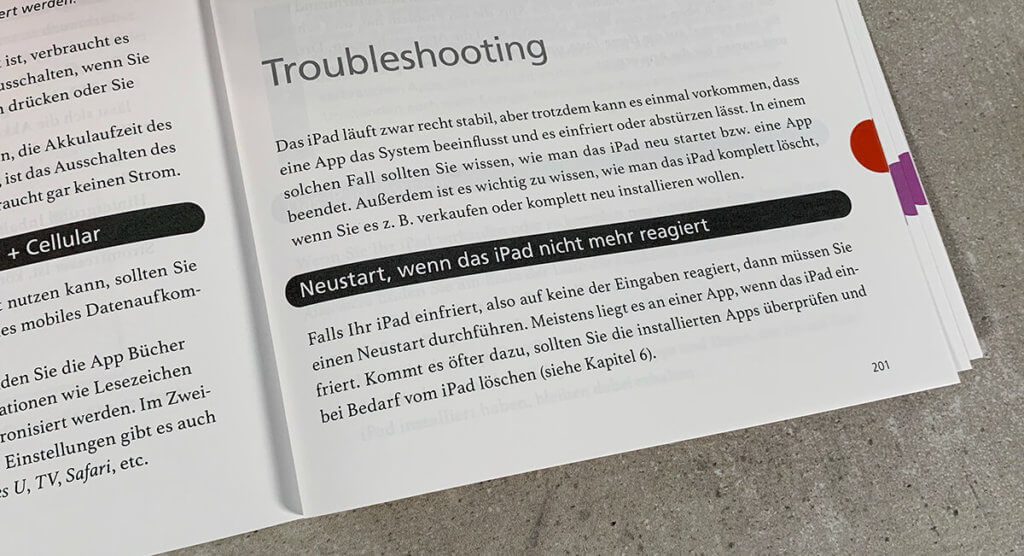 Super-gut: Es gibt auch ein kurzes Kapitel zum Thema Troubleshooting, falls das iPad mal nicht mehr reagiert und man Hilfe benötigt.