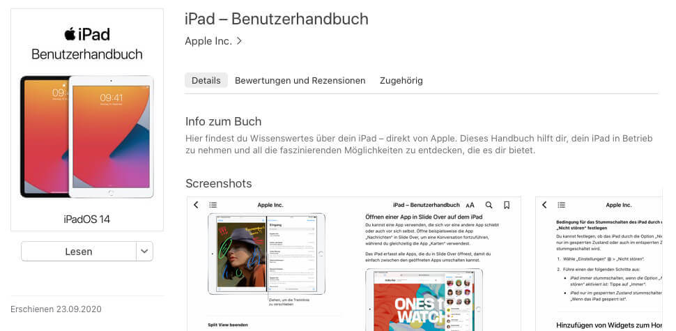 Das iPad-Handbuch ist gratis zu laden und synchronisiert sich dann über alle Apple-Geräte, die man hat.