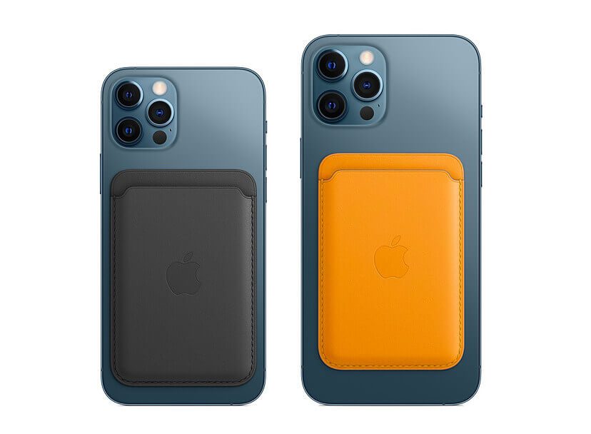 Hier sieht man die iPhone Leder Wallet an einem iPhone 12 Pro und einem iPhone 12 Pro Max.