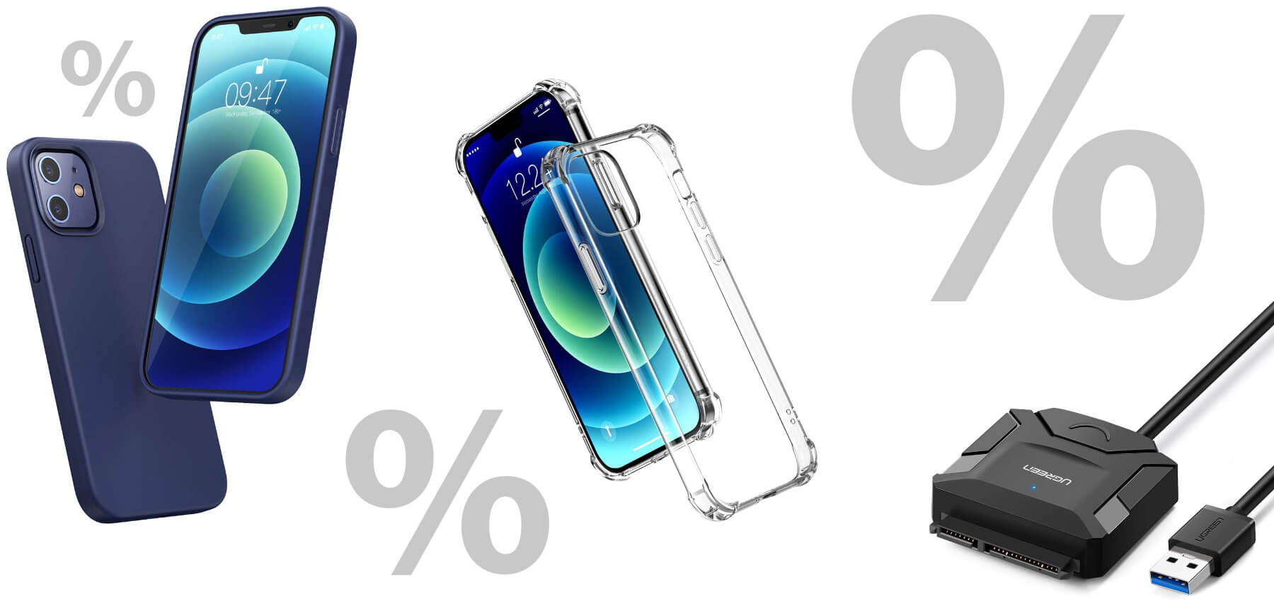 Eine iPhone 12 / 12 Pro Schutzhülle in Marineblau, eine transparente Schutzhülle sowie einen SATA-auf-USB-Adapter bekommt ihr aktuell von UGREEN günstiger.