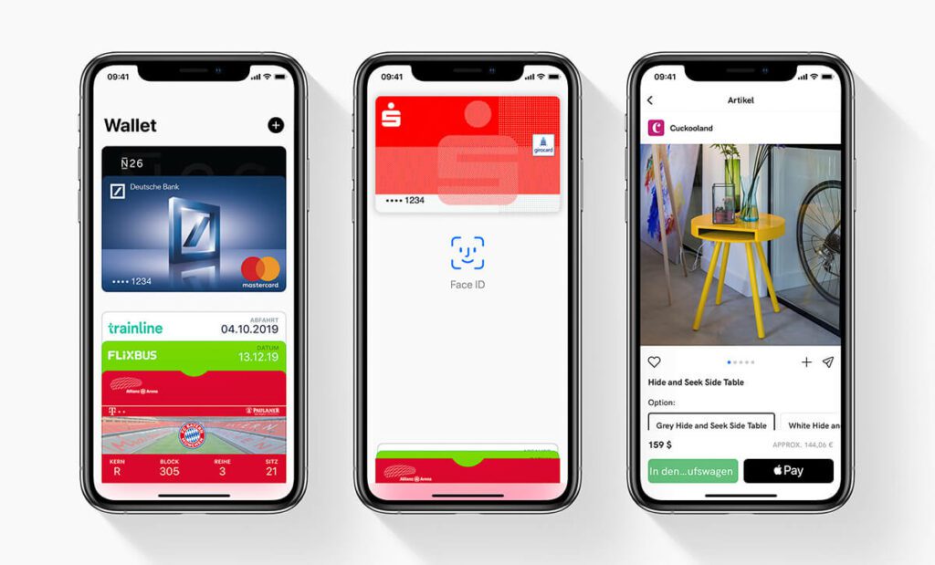 Das Bezahlen mit Apple Pay: Kreditkarte auswählen, mit Face ID authentifizieren und zahlen – schnell, einfach und sicher (Fotos: Apple).