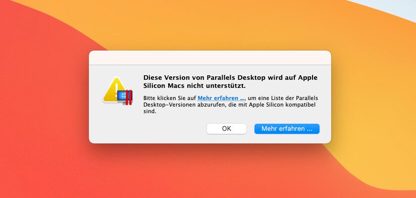 Parallels Desktop lässt sich zwar am Mac öffnen, aber wenn man seine virtuelle Windows Maschine öffnen möchte, erhält man diese Fehlermeldung.