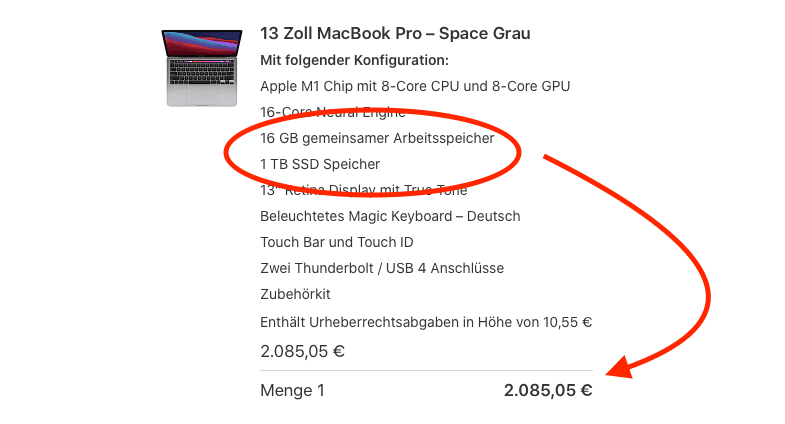 Mit 1 TB SSD und 16 GB Arbeitsspeicher kommt man schnell auf 2000 EUR Gesamtpreis – selbst beim "kleinen" MacBook Pro – ich habe trotzdem zugeschlagen.