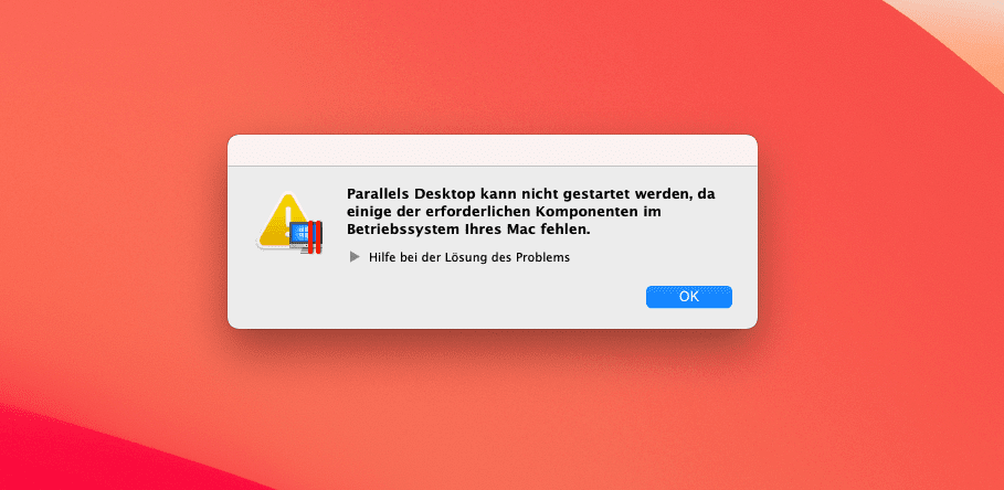 Die Fehlermeldung von Parallels Desktop ist von mir provoziert worden, da ich nicht die aktuellste Version installiert habe, die mit macOS Big Sur kompatibel ist.
