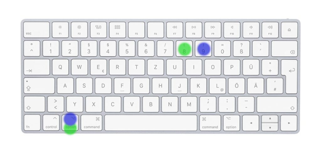 Geschwungene Klammer am Mac: Es kommt abermals der Option Key zum Einsatz, in Kombination mit 8 und 9.
