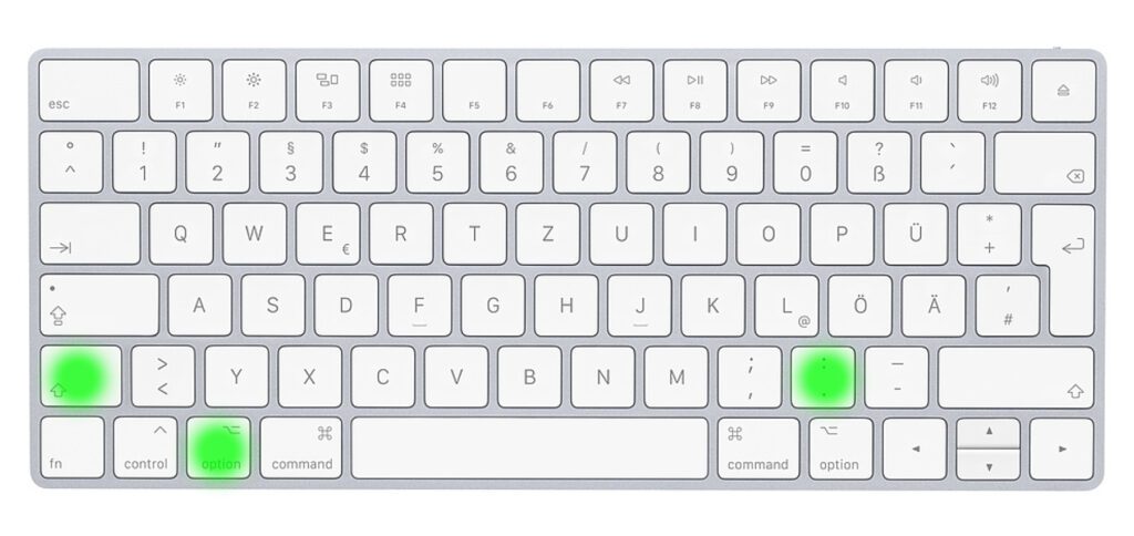 Geteiltzeichen ÷ eingeben: Die Mittenstrich-Tastenkombination am Mac ist Shift + Alt + Punkt.