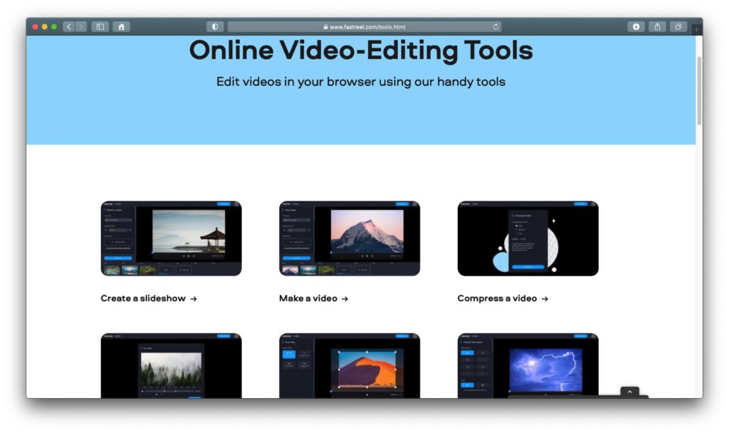 Aktuell stehen in Movavi Fastreel 22 Tools für die Videobearbeitung zur Verfügung. Slideshow, Videos zusammenführen, mit Musik unterlegen, im Seitenverhältnis ändern, umdrehen und mehr ist möglich.