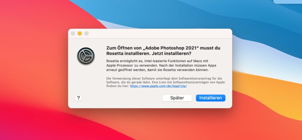 Einige Apps, wie zum Beispiel Photoshop von Adobe, warten noch darauf, dass sie für die M1-Chips von Apple optimiert werden. Bis dahin springt der Universalübersetzer "Rosetta" ein und macht die Programme für Apple Silicon lauffähig.