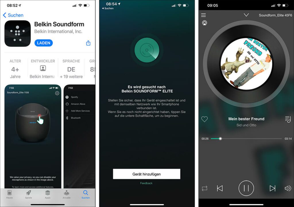 Im App Store gibt es eine Belkin Soundform App, um den Lautsprecher einzurichten. Für die die Einrichtung möchte die Belkin-Box Zugriff auf Bluetooth und WLAN.