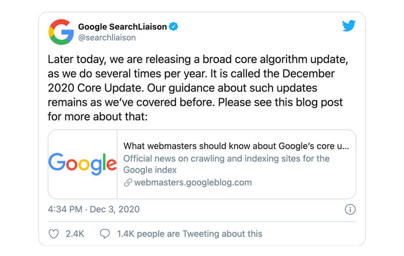 Manchmal hat man Glück und erfährt durch den offiziellen Twitterkanal von Google-Search über ein anstehendes Core Update … das ist aber leider nicht oft der Fall.
