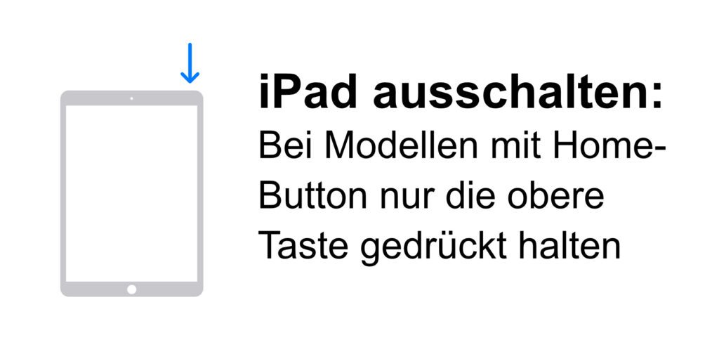 iPad ausschalten, wenn es einen Home-Button hat. Hier müsst ihr nur die obere Taste gedrückt halten, bis der Regler zum Abschalten erscheint.