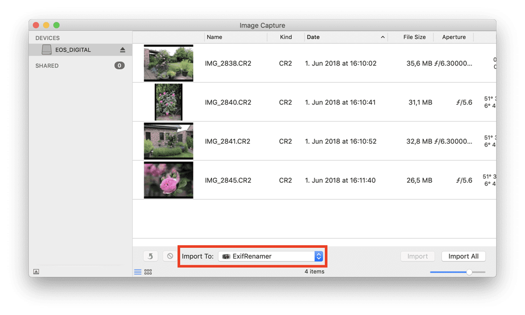 In der Mac-App "Digitale Bilder" kann man als Ziel das Tool ExifRenamer wählen und auf diese Weise seinen Workflow optimieren.