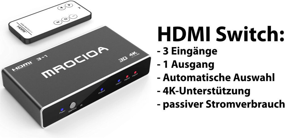 Dieser Günstige HDMI Switch mit 4K für Chromecast, Fire TV (Stick), Apple TV, Sky-Box, PlayStation, Xbox, Nintendo Switch und Co. bietet drei Eingänge, einen Ausgang, eine Fernbedienung und einen kleinen Preis!