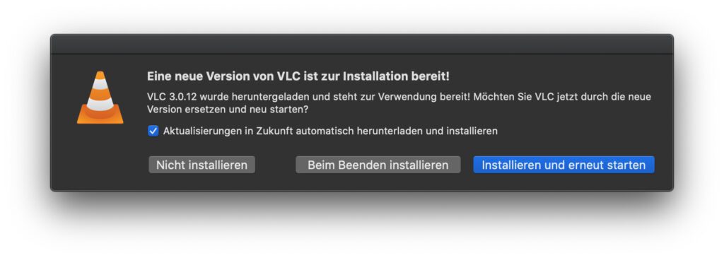 Steht das Update auf VLC 3.0.12 bereit, sieht der Hinweis darauf so oder so ähnlich aus. Auf M1-Macs sollte danach noch die Version 3.0.12.1 installiert werden.