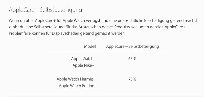 Selbst mit der Apple Versicherung muss man bei einem Schaden noch eine Selbstbeteiligung zahlen. Mit 65 Euro ist dies beim normalen Watch Modell auch nicht gerade günstig (Quelle: Apple.com).