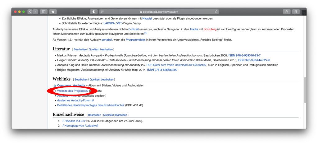 Im Wikipedia-Artikel zur Audacity App findet ihr mit dem "Webseite des Projekts"-Link die offizielle Downloadseite zum Programm. Werdet ihr in der deutschen Wikipedia nicht fündig, sucht die gewünschte Software mal im englischen Pendant ;)