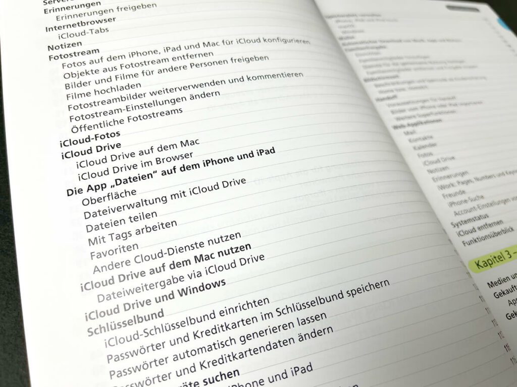 Am Inhaltsverzeichnis sieht man schon, wie umfassend das Buch ist. Es gibt sehr viele Funktionen in iOS, iPadOS und macOS, bei denen die iCloud mit arbeitet.