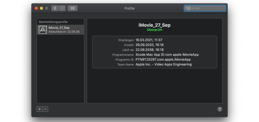 In den macOS-Systemeinstellungen auf dem Mac, iMac oder MacBook habt ihr den Punkt Profile und darin iMovie_27_Sep gefunden? Das ist nicht schlimm, ihr könnt das Bereitstellungsprofil einfach löschen.