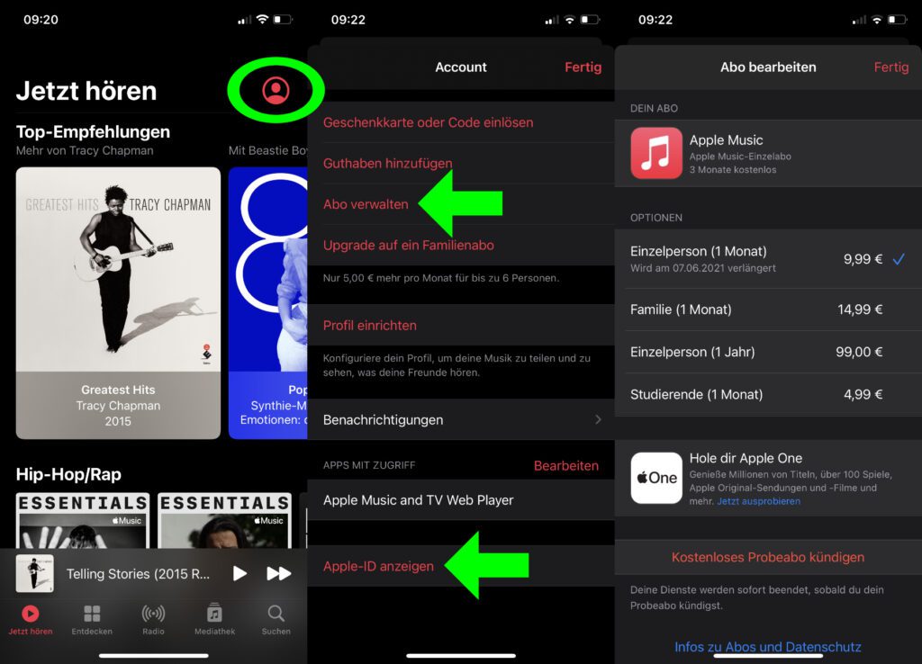 In der Apple Musik App kommt ihr, falls ein Abo aktiviert ist, über zwei verschiedene Wege zu den nötigen Einstellungen (s. Pfeile).