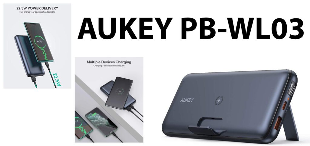 Die AUKEY-Powerbank PB-WL03 bietet 20.000 mAh Nennkapazität, kabelloses Qi-Laden, USB-C Power Delivery (PD), Quick Charge (QC), eine Ladeanzeige und einen ausklappbaren Ständer.