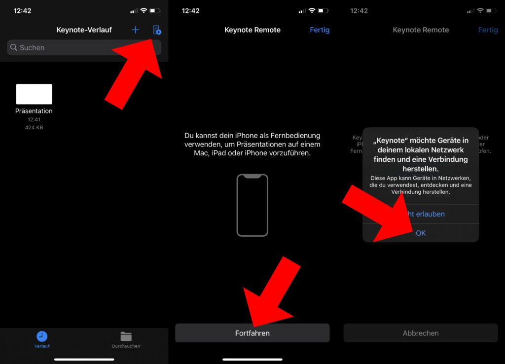 Um eine Mac Keynote-Präsentation mit dem iPhone steuern zu können, müsst ihr in der mobilen App das Feature "Keynote Remote" aktivieren, die Geräte verbinden und ggf. die Verbindung erst einmal zulassen.