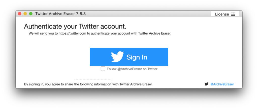 Alle Tweets löschen mit der Mac- und Windows-App „Twitter Archive Eraser“ – am Anfang steht der Login.