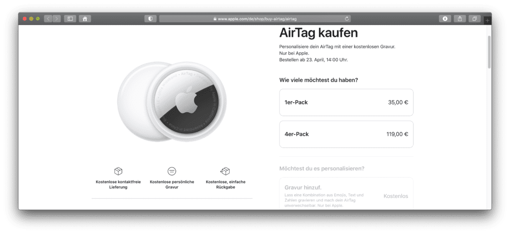 Apple AirTag im offiziellen Online Shop des Herstellers.
