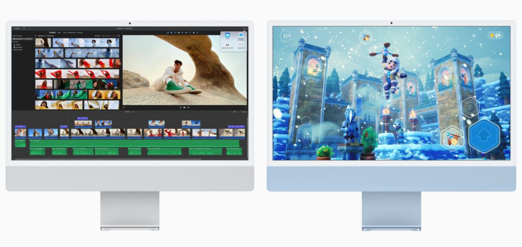 Videos bearbeiten und schneiden, Fotos nachbearbeiten, 3D-Kunst erstellen, Videospiele spielen, Filme schauen, im Home Office arbeiten – das und vieles mehr wird mit dem neuen 24" iMac mit M1-Chip möglich.