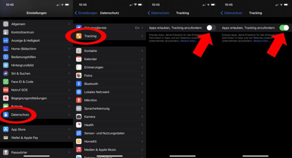 Über diese Schritte gelangt ihr in den iPhone-Einstellungen ab iOS 14.5 zum Punkt Tracking. Hier könnt ihr einstellen, ob euch Apps nach einem Tracking-Opt-In fragen dürfen.
