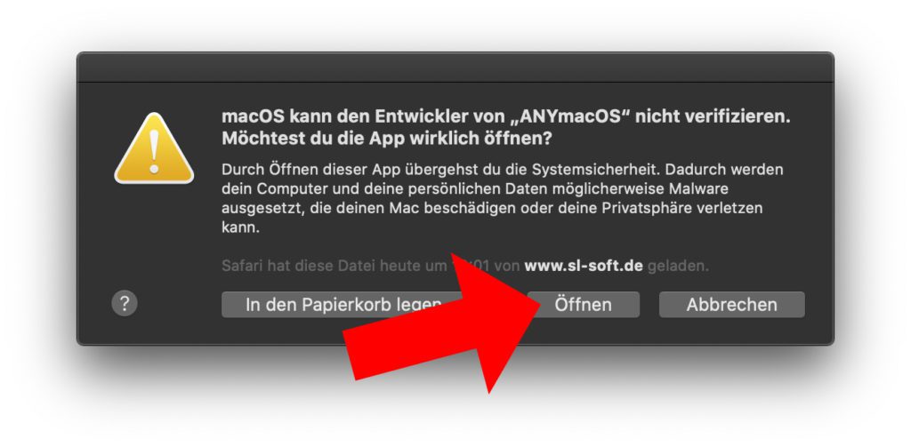 Beim nochmaligen Öffnen von ANYmacOS an eurem Apple Mac sollte nun die Möglichkeit zum tatsächlichen Ausführen der App erscheinen.