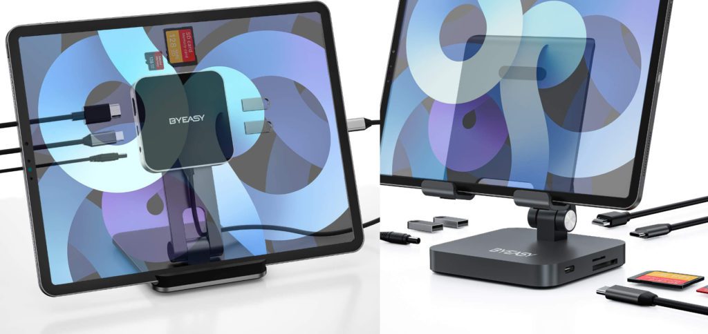 BYEASY bietet zwei Apple iPad Pro Docking-Stations mit HDMI, USB-A, 3,5 mm Audio-Anschluss, SD- und microSD-Slot sowie USB-C PD. Welches iPad Pro Dock findet ihr besser?