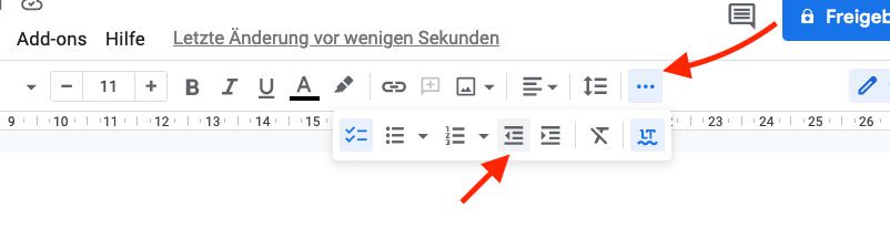 Mit diesen Buttons findet man die Einrücken-Funktion in Google Docs.