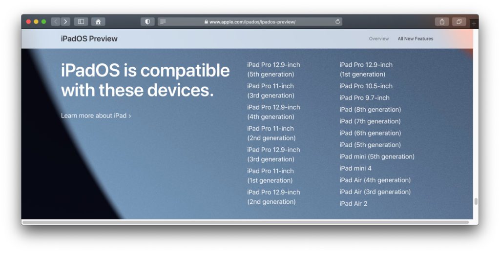 Die offizielle Liste der mit iPadOS 15 kompatiblen iPad-Modelle aus der Preview auf der Apple-Webseite.