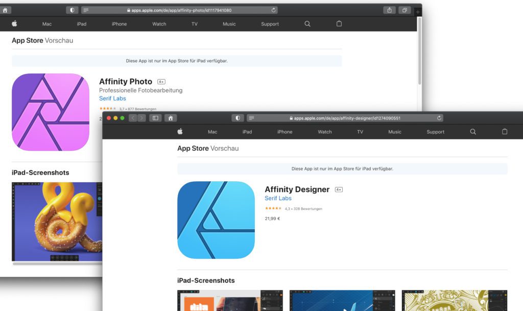 Affinity Photo und Affinity Designer – Fotos bearbeiten, malen zeichnen und / oder Designs erstellen ist mit diesen Apps möglich. Neben der iPad-Version gibt es auch welche für Apple Mac und Windows PC.