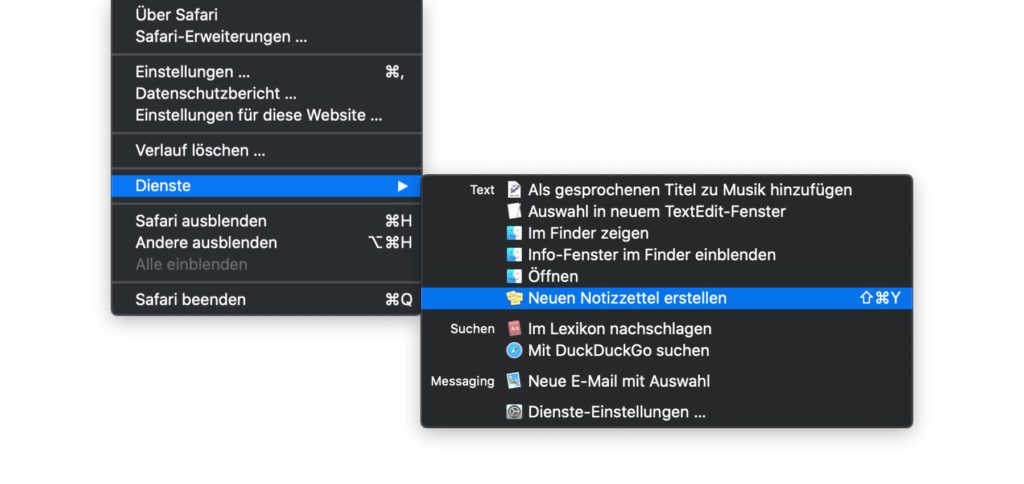 Mac Systemdienste: Dienste in macOS sorgen für kurze Wege zwischen Apps. Markiert ihr z. B. Text in Safari stehen euch diese und weitere Kurzbefehle zur Verfügung, die mit nur einem Klick kopieren, eine App öffnen und das Ausgewählte darin einfügen.