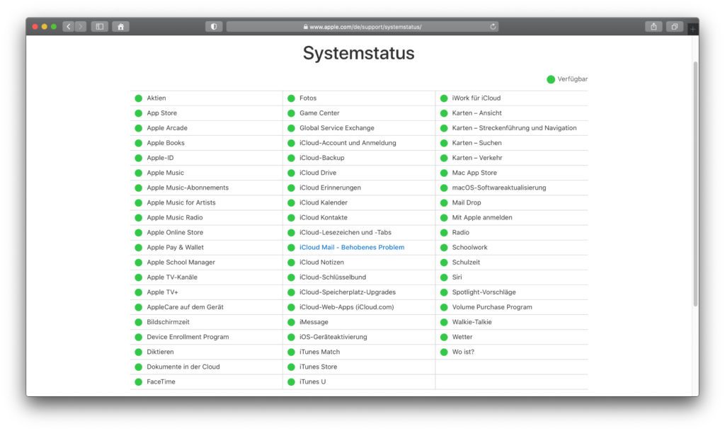 Der Apple Systemstatus zeigt euch, welche Apple-Dienste gerade verfügbar, welche eingeschränkt nutzbar und welche komplett ausgefallen sind. Kürzlich behobene Probleme werden ebenfalls angezeigt.
