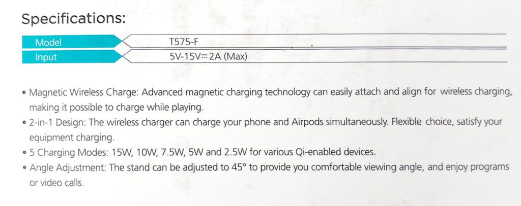 Hier sieht man die technischen Daten des Ladeständers:er bietet bis zu 15 Watt Qi-Charging.