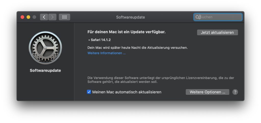 Unter Systemeinstellungen -&gt; Softwareupdate findet ihr in macOS 10.14 Mojave und macOS 10.15 Catalina den Hinweis auf Safari 14.1.2. Da wahrscheinlich schwerwiegende Sicherheitslücken geschlossen werden, solltet ihr das Update zeitnah installieren.