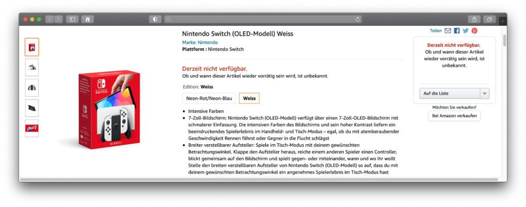 Nintendo Switch OLED-Modell vorbestellen: Die Amazon-Seiten stehen bereit, verfügbar ist die Konsole aber noch nicht. Hier findet ihr die Links zu den Seiten sowie mit der Nintendo Switch Lite eine sofort verfügbare Handheld-Alternative.