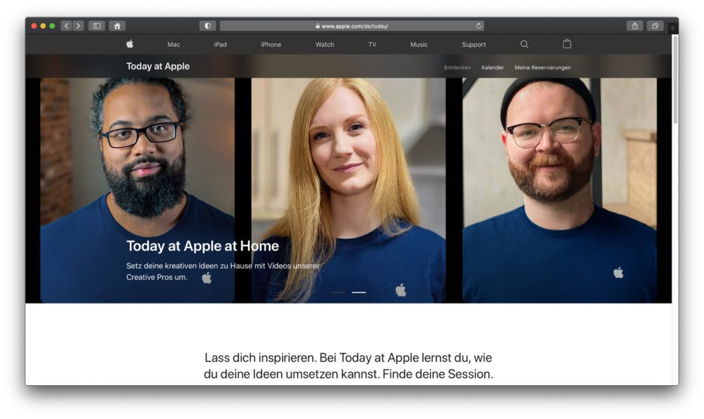 Auf der Today at Apple Webseite, die es auch auf deutsch gibt, findet ihr allgemeine Informationen, Sessions in eurer Region sowie Termine von Online-Kursen.