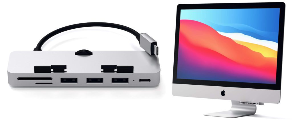 Der Satechi USB-C-Hub für den Apple iMac (2017 bis 2020) und Apple iMac Pro mit Thunderbolt 3 bietet USB-A, USB-A und SD-/microSD-Slots für den Desktop-Computer. Dabei lässt er sich an dessen Unterseite klemmen, wodurch der Schreibtisch aufgeräumt bleibt.