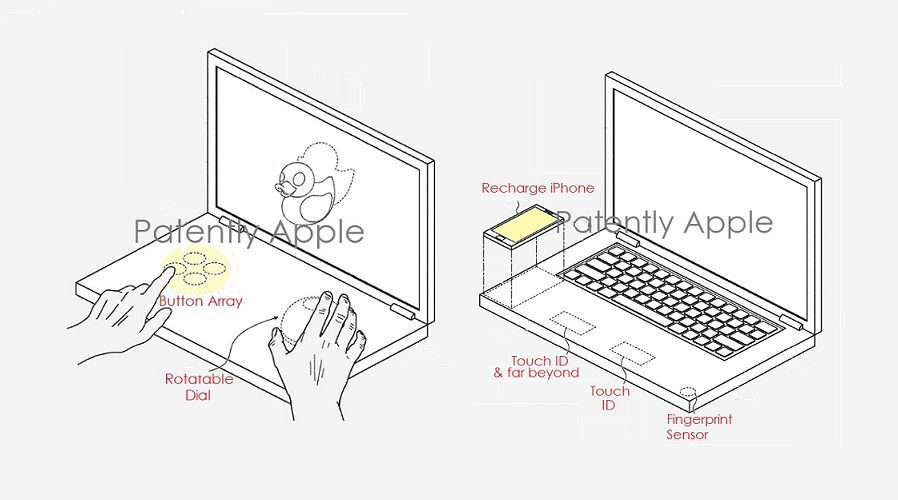 Virtuelle Tastatur, individuelle Steuerelemente, Wisch-Gesten, Ladefläche fürs iPhone, Touch ID und mehr könnten an einem MacBook (Pro) mit zweitem Bildschirm realisiert werden. Bild: Patently Apple