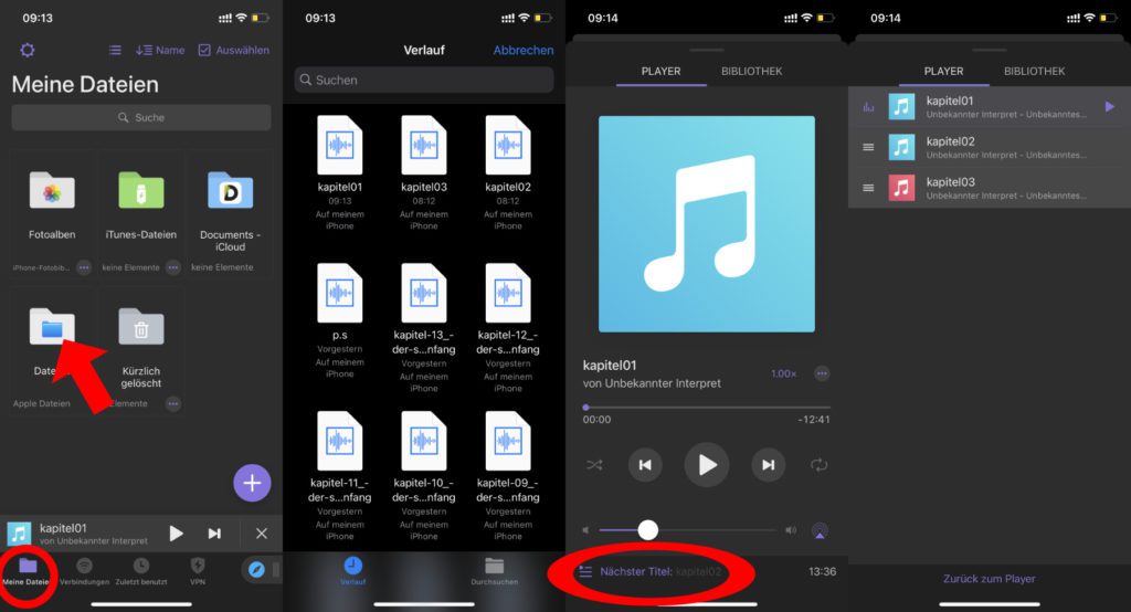 Auch die Möglichkeiten der Documents App von Readdle sind begrenzt. Jedoch könnt ihr damit am Apple iPhone eine MP3 Playlist mit automatischer Wiedergabe aller Titel erstellen. Leider fehlt die Möglichkeit zum Benennen und Speichern, weshalb es immer nur eine (die aktuelle) Wiedergabeliste gibt.