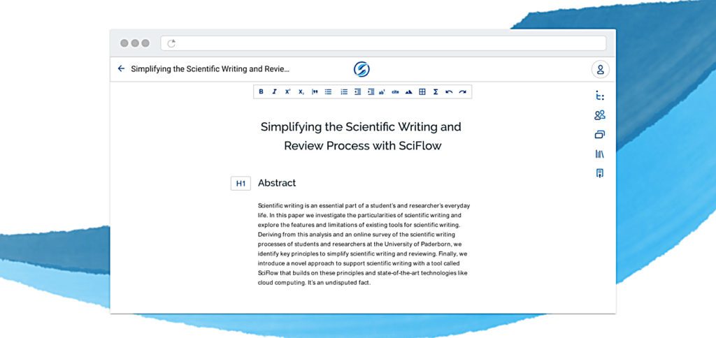 Der SciFlow Texteditor, den ihr direkt über den Webbrowser nutzen könnt, ist darauf ausgelegt, dass man sich auf den Text und dessen Anfertigung konzentrieren kann. Bei der Formatierung wird mit zahlreichen Vorlagen geholfen.