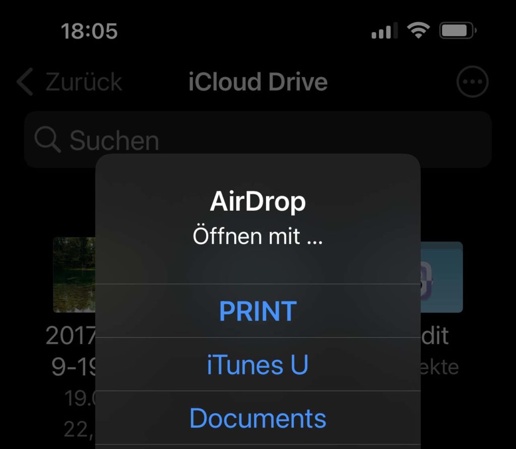 So sieht das Menü am iPhone aus, wenn es eine Datei entgegennimmt, welche nicht in Fotos automatisch geöffnet wird.