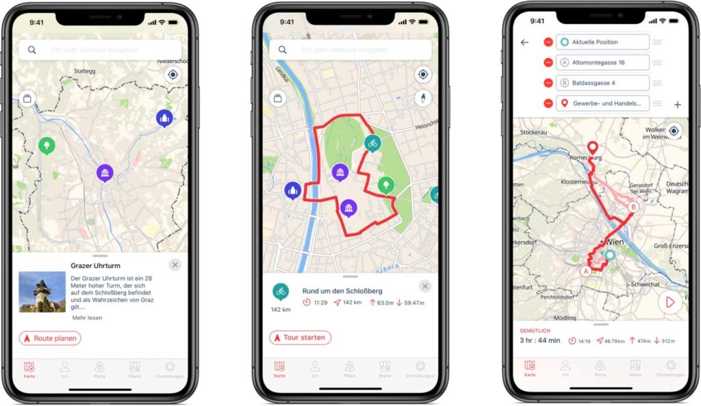 In den Screenshots der Bike Citizens App sieht man, wie nett die Benutzerführung ist. Die Karten basieren übrigens auf OpenStreetmap.
