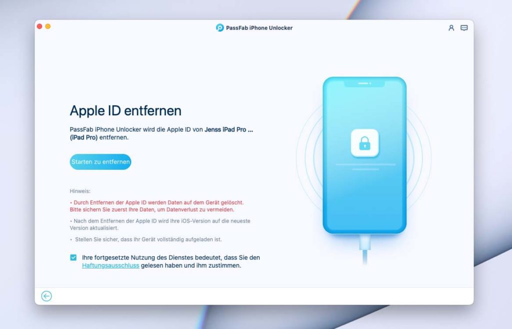 Im ersten Schritt muss man noch einmal bestätigen, dass man tatsächlich die Apple-ID von dem Gerät entfernen möchte.